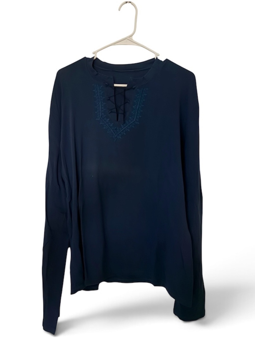 Women's Navy Lace-Up Embroidered Long-Sleeve Top
